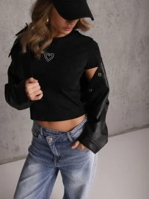 Czarny T-shirt z Bawełny Ozdobiony Sercem z Cyrkonii Amythera romee's