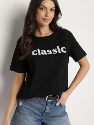 Czarny T-shirt z Bawełny z Aplikacją z Cyrkoniami Deraine glo-story