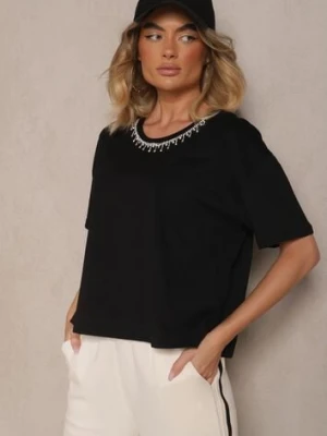 Czarny T-shirt z Bawełny z Cyrkoniami Fadeola