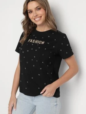 Czarny T-shirt z Bawełny z Cyrkoniami i Napisem Nalanielle defox