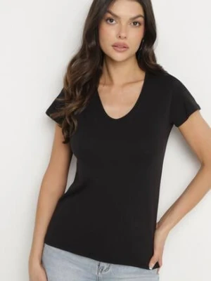 Czarny T-shirt z Bawełny z Dekoltem w Serek Liniviela basic