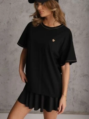 Czarny T-shirt z Bawełny z Motywem Serca i Łańcuszkiem Carilnessa melya by melody