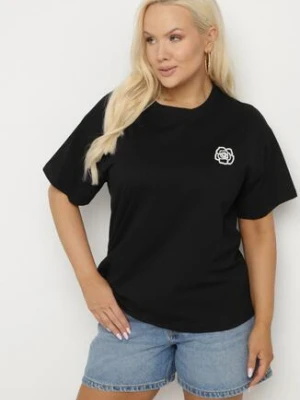 Czarny T-shirt z Bawełny z Naszywką Kwiatu Firirene melya by melody