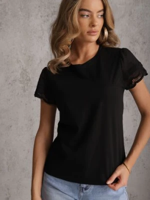 Czarny T-shirt z Bawełny z Rękawami z Koronki Hycis ambitionfly