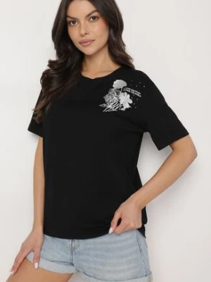 Czarny T-shirt z Bawełny Zdobiony Nadrukiem z Cyrkoniami Telerea glo-story