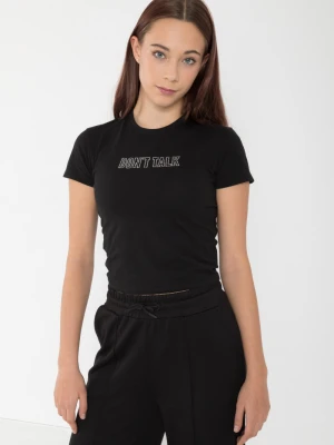 Czarny T-shirt z błyszczącym napisem Reporter