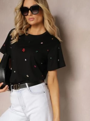 Czarny T-shirt z Cyrkoniami w Różnych Kolorach Varcia elsa.m by may