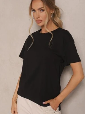 Czarny T-shirt z Dłuższym Tyłem Zdobiony Haftem Ninilla