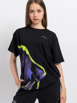 Czarny t-shirt z kolorową grafiką z przodu Reporter