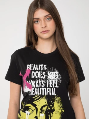 Czarny T-shirt z kolorowym nadrukiem z przodu Reporter