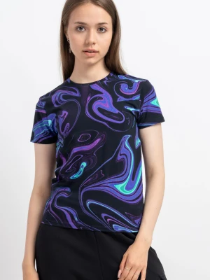 Czarny t-shirt z kolorowymi nadrukami na całości Reporter