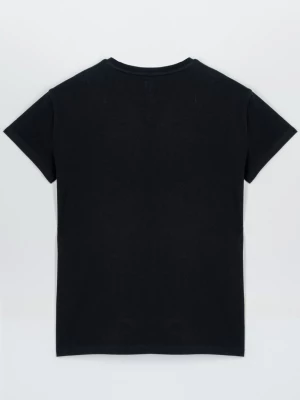 Czarny t-shirt z kolorowymi nadrukami z przodu