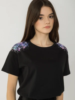 Czarny T-shirt z nadrukami w kwiaty Reporter