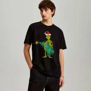 Czarny T-shirt z nadrukiem Grinch'a z przodu i na plecach House