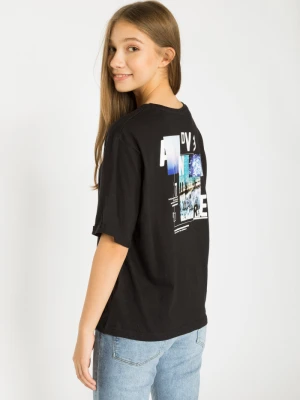 Czarny T-shirt z nadrukiem na plecach Reporter