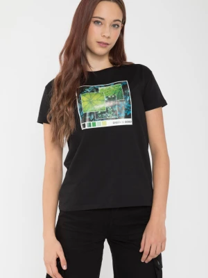 Czarny T-Shirt z nadrukiem w kolorze ciemnej zieleni Reporter