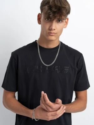 Czarny t-shirt z napisem z błyszczących dżetów Reporter