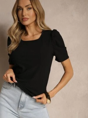 Czarny T-shirt z Prążkowanej Tkaniny z Zakładkami przy Rękawach Kolaniella glo-story