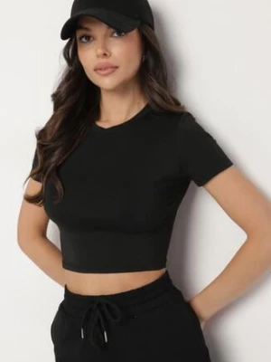 Czarny T-shirt z Wiskozą o Dopasowanym Kroju Typu Crop Top Folirra lovery