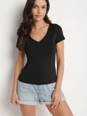 Czarny T-shirt z Wiskozą o Dopasowanym Kroju z Dekoltem w Serek Folarisse by swan