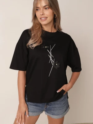 Czarny T-shirt z Wiskozy z Perełkami i Kwiatami 3D Rossalie Rosse Line