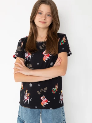 Czarny T-shirt ze świątecznym nadrukiem Reporter