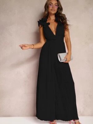 Czarny Taliowany Koktajlowy Kombinezon z Szerokimi Nogawkami Ozdobiony Falbanami Gealfrea allyson