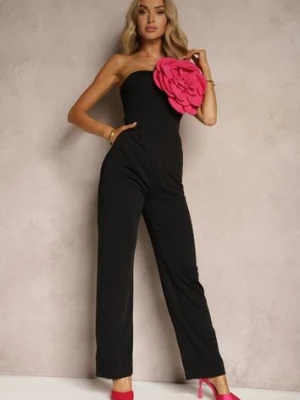 Czarny Taliowany Kombinezon o Asymetrycznym Kroju na Jedno Ramię z Aplikacją Kwiatu Acclea cflo