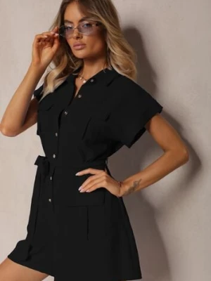 Czarny Taliowany Kombinezon Wiązany w Pasie Zapinany na Guziki Tenadea allyson