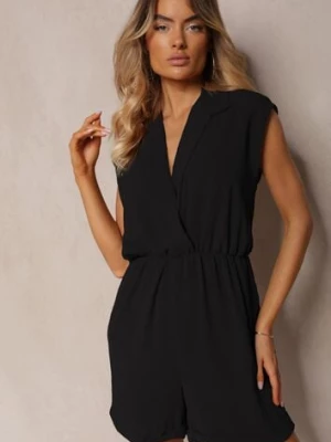 Czarny Taliowany Kombinezon z Gumką w Pasie i Kopertowym Dekoltem Nansilyne lovery