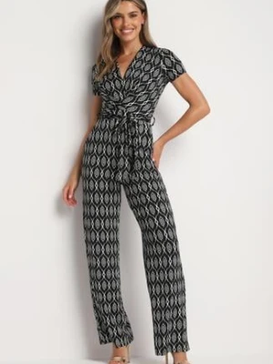 Czarny Taliowany Kombinezon z Wiskozą Krótkim Rękawem i Długimi Nogawkami Wiązany w Talii Jeleavia by swan