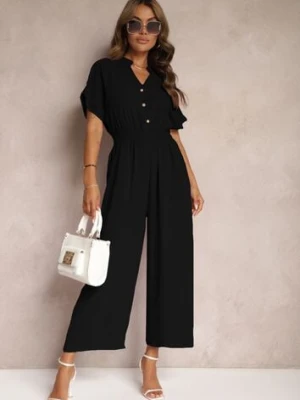 Czarny Taliowany Kombinezon z Wiskozy Zapinany na Guziki Frisea cflo