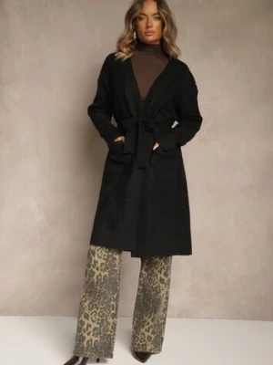 Czarny Tłoczony Kardigan z Wełną o Kroju Bez Zapięć z Paskiem Dorrive j&x