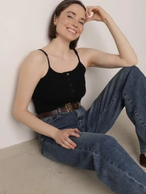 Czarny Top na Ramiączkach z Prążkowanej Tkaniny z Bawełny z Guzikami Bermisa romee's