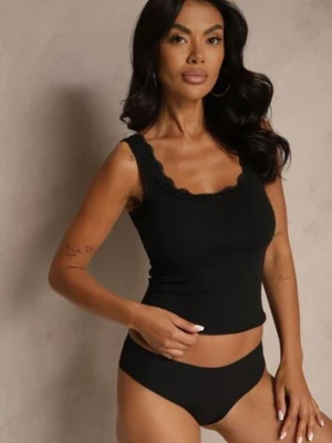 Czarny Top z Bawełny o Dopasowanym Kroju na Ramiączkach z Koronką Linavea by swan