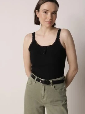 Czarny Top z Bawełny Ozdobiony Guzikami i Koronką przy Dekolcie Beralie romee's