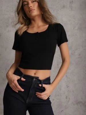 Czarny Top z Bawełny Ozdobiony Guzikami przy Dekolcie Nediva romee's