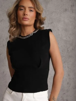 Czarny Top z Wiskozą o Fasonie Bez Rękawów z Gąbeczkami w Ramionach i Łańcuchem Brizeli yu & me