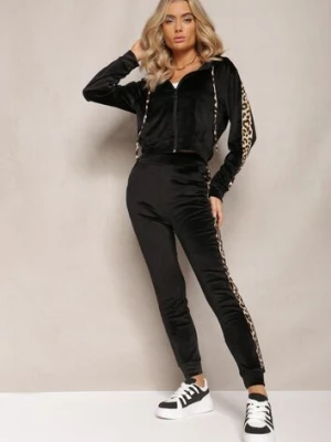 Czarny Welurowy Komplet Dresowy Ozdobiony Lampasami w Cętki Anilwo