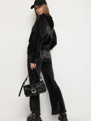 Czarny Welurowy Komplet Dresowy z Cyrkoniową Aplikacją Bluza i Spodnie Mitene defox