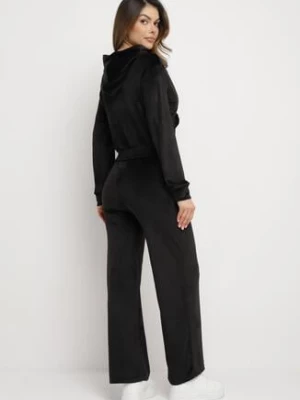 Czarny Welurowy Komplet Dresowy z Krótką Bluzą i Szerokimi Spodniami Arilei