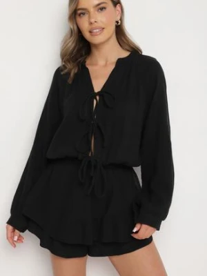 Czarny Wiązany Bawełniany Kombinezon Boho z Falbankami i Wiązaniem Lalelia jumelle