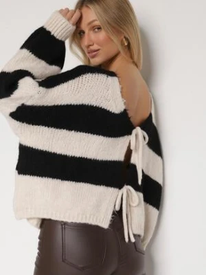 Czarny Wiązany Kardigan Oversize w Paski z Dodatkiem Wełny i Wiskozy Retire