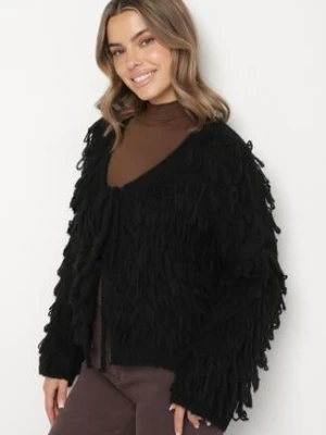 Czarny Wiązany Kardigan z Dodatkiem Wełny i Wiskozy Zdobiony Frędzlami Tiravea jumelle