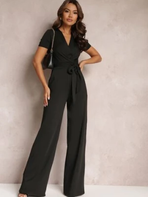 Czarny Wiązany Kombinezon z Długimi Nogawkami i Kopertowym Dekoltem Adithia by swan