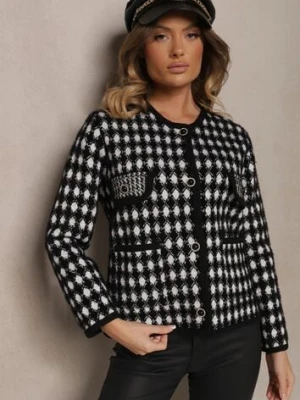 Czarny Wiskozowy Kardigan Ozdobiony Wzorem w Pepitkę i Guzikami Saveri elsa.m by may