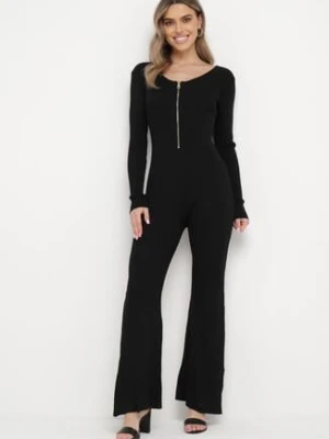 Czarny Wiskozowy Kombinezon Bodycon z Prążkowaniem i Suwakiem Alnorema elsa.m by may