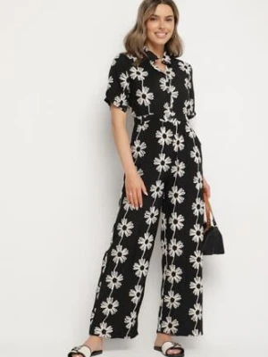 Czarny Wiskozowy Kombinezon o Koszulowym Kroju z Krótkim Rękawem i Kieszeniami Milaviela j&x