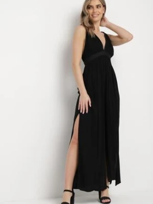 Czarny Wiskozowy Kombinezon z Gumką w Pasie i Plecionym Sznurkiem z Lnem Evalin