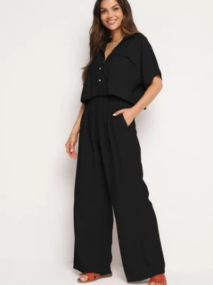 Czarny Wiskozowy Komplet 2-Częściowy Luźna Koszula Spodnie z Szerokimi Nogawkami Ulvitela